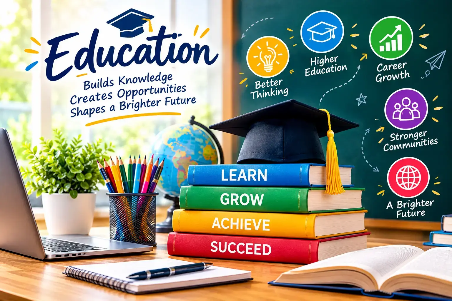 Education concept with books, graduation cap, laptop, globe, and icons representing learning, higher education, career growth, and a brighter future.